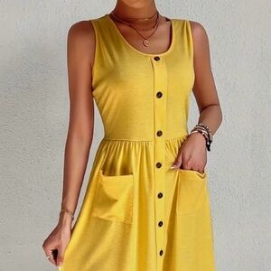 New! Yellow Women Fashion Solid Color Buttoned Sleeveless Dress. Size: X-Large.